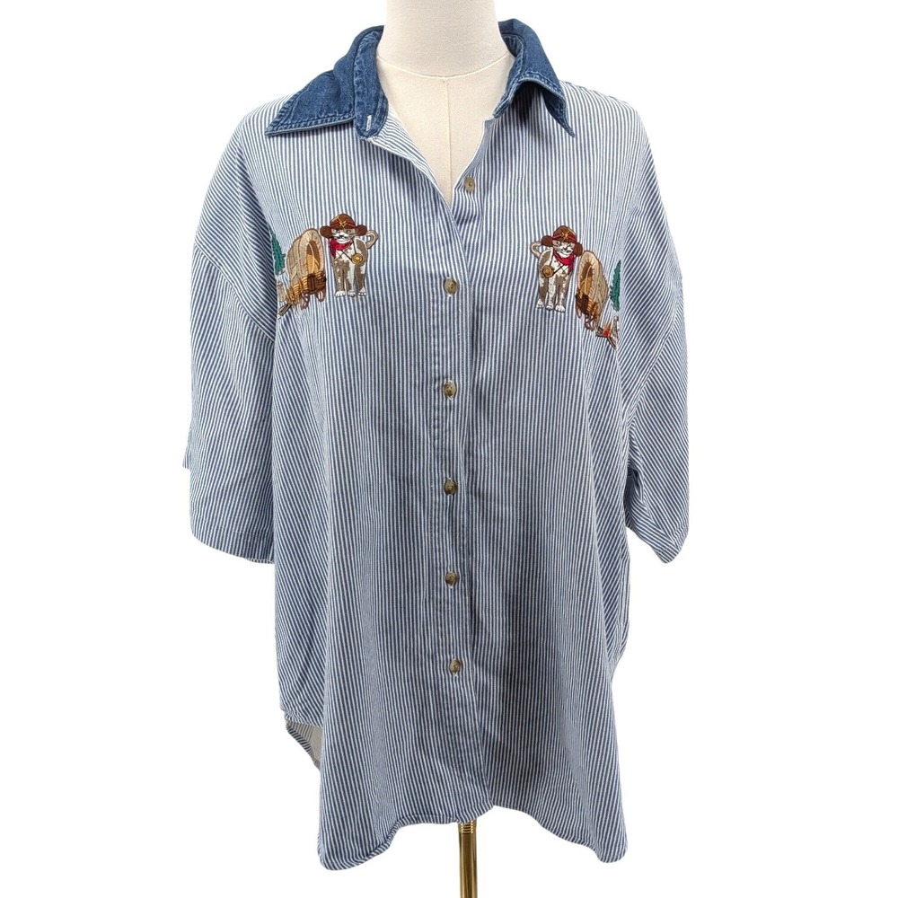 Vintage Quizz Plus Western Cat Embroidered Denim Collar Stripe Button Shirt 20